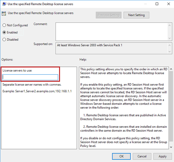 Impostare i server licenze da usare nella finestra di dialogo Usa i server licenze Desktop remoto specificati.