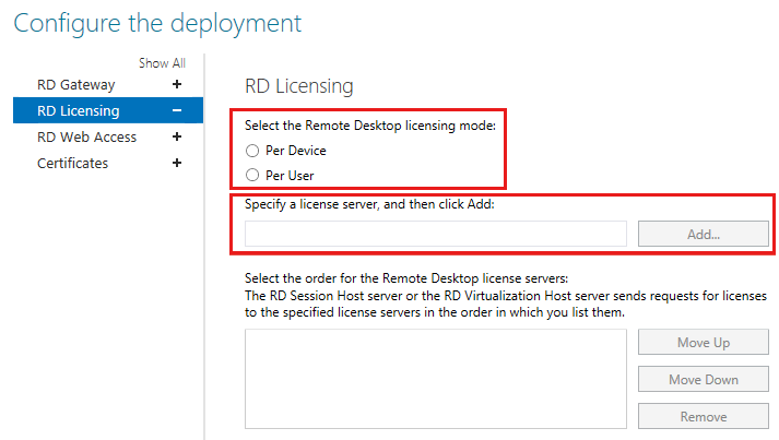 Configurare la distribuzione delle licenze Desktop remoto.