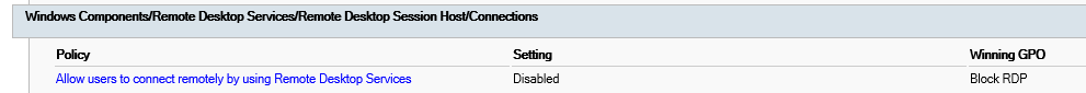 Screenshot di un segmento di esempio di gpresult.html in cui il protocollo RDP bloccato a livello di dominio sta disabilitando RDP.