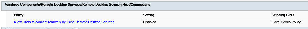 Screenshot di un segmento di esempio di gpresult.html in cui Criteri di gruppo locali sta disabilitando RDP.