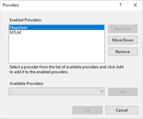 Screenshot della finestra Provider che mostra l'opzione Provider abilitati che include Negotiate.