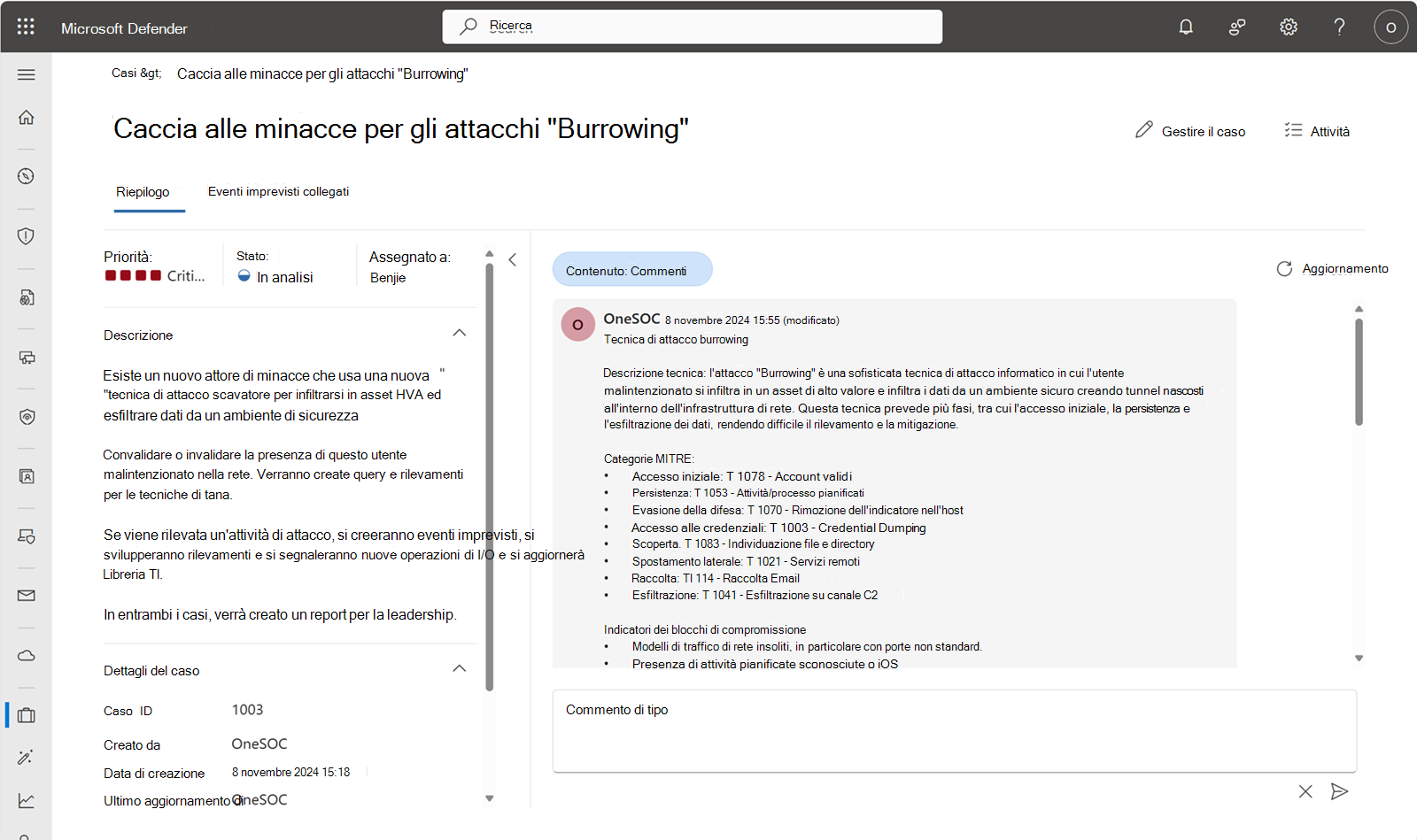 Screenshot della pagina dei dettagli del caso nel portale di Defender.
