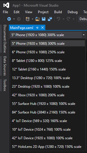 barra degli strumenti di anteprima del dispositivo in Visual Studio 2015