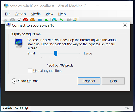 Screenshot of the connection pop up with a Display configuration of 1366 by 768 pixels.