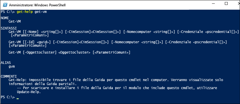 Screenshot della schermata Amministrazione istrator di Windows Power Shell, che mostra l'output di come strutturare i comandi.