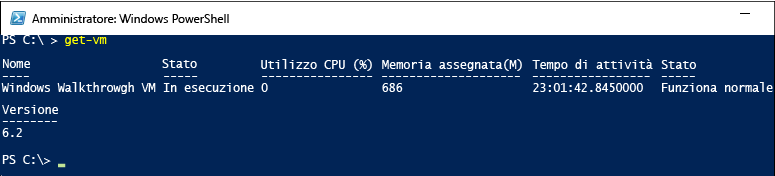 Screenshot della schermata Amministrazione istrator di Windows Power Shell che mostra l'output dopo aver immesso Get V M.