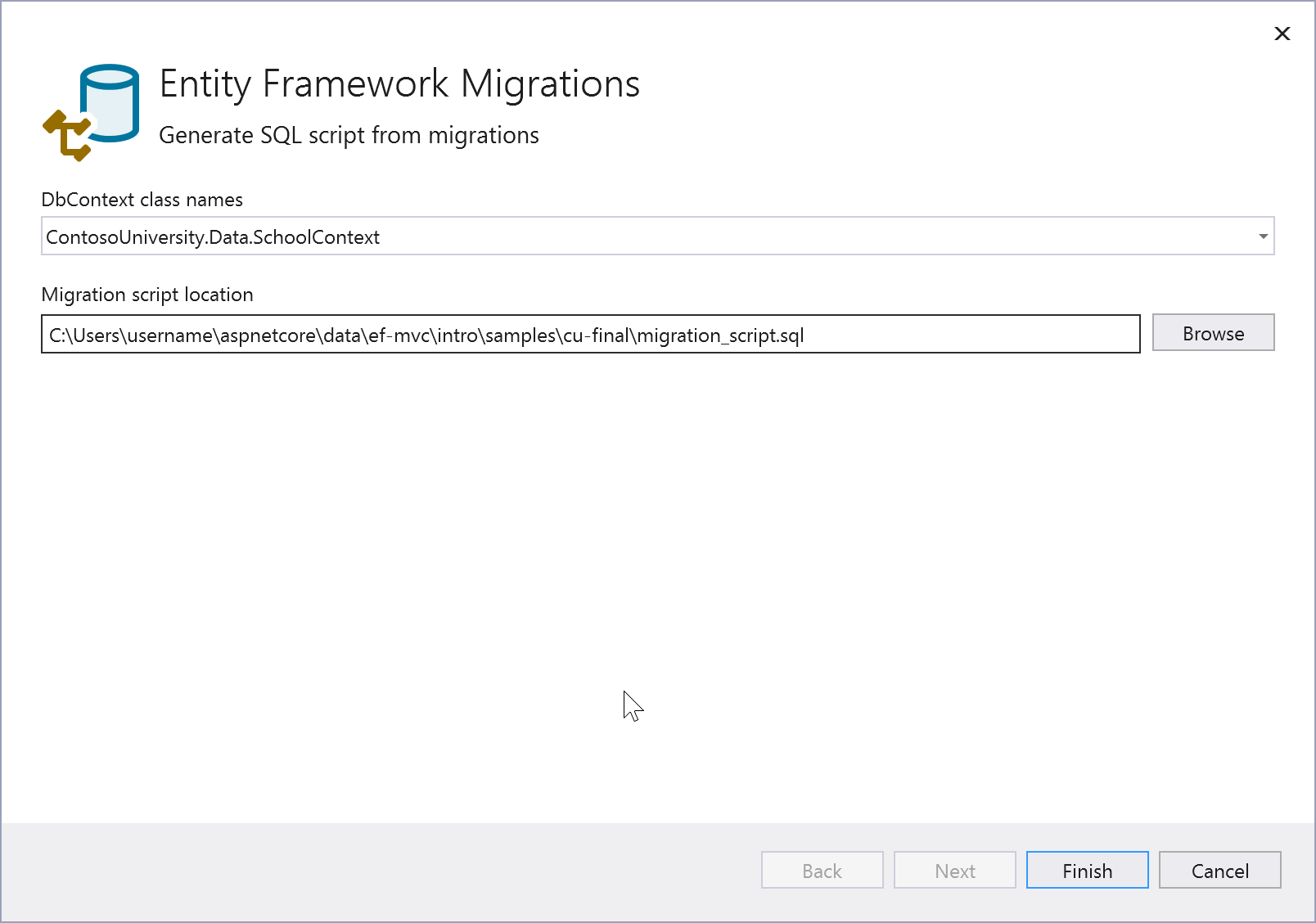 Screenshot che mostra l'opzione Genera script SQL.