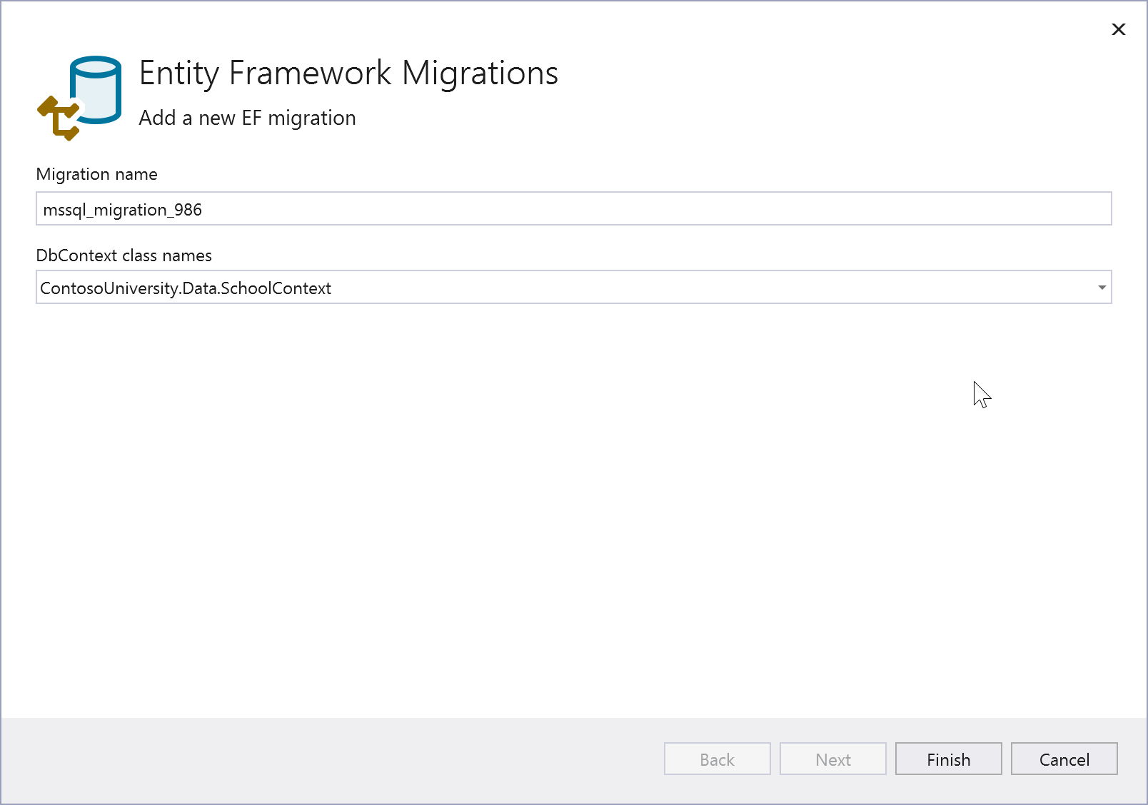 Screenshot che mostra l'aggiunta di una migrazione di Entity Framework.