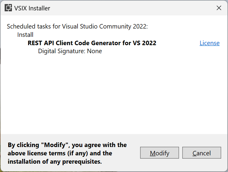 Screenshot che mostra la finestra di dialogo Del programma di installazione VSIX.