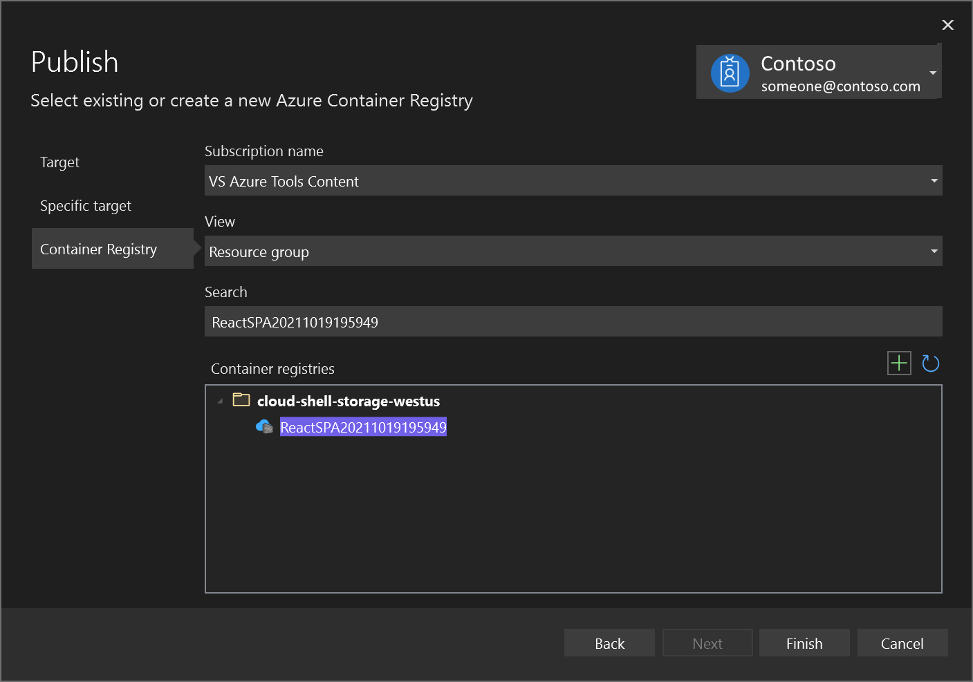 Screenshot che mostra La selezione o la creazione di un nuovo registro Azure Container.