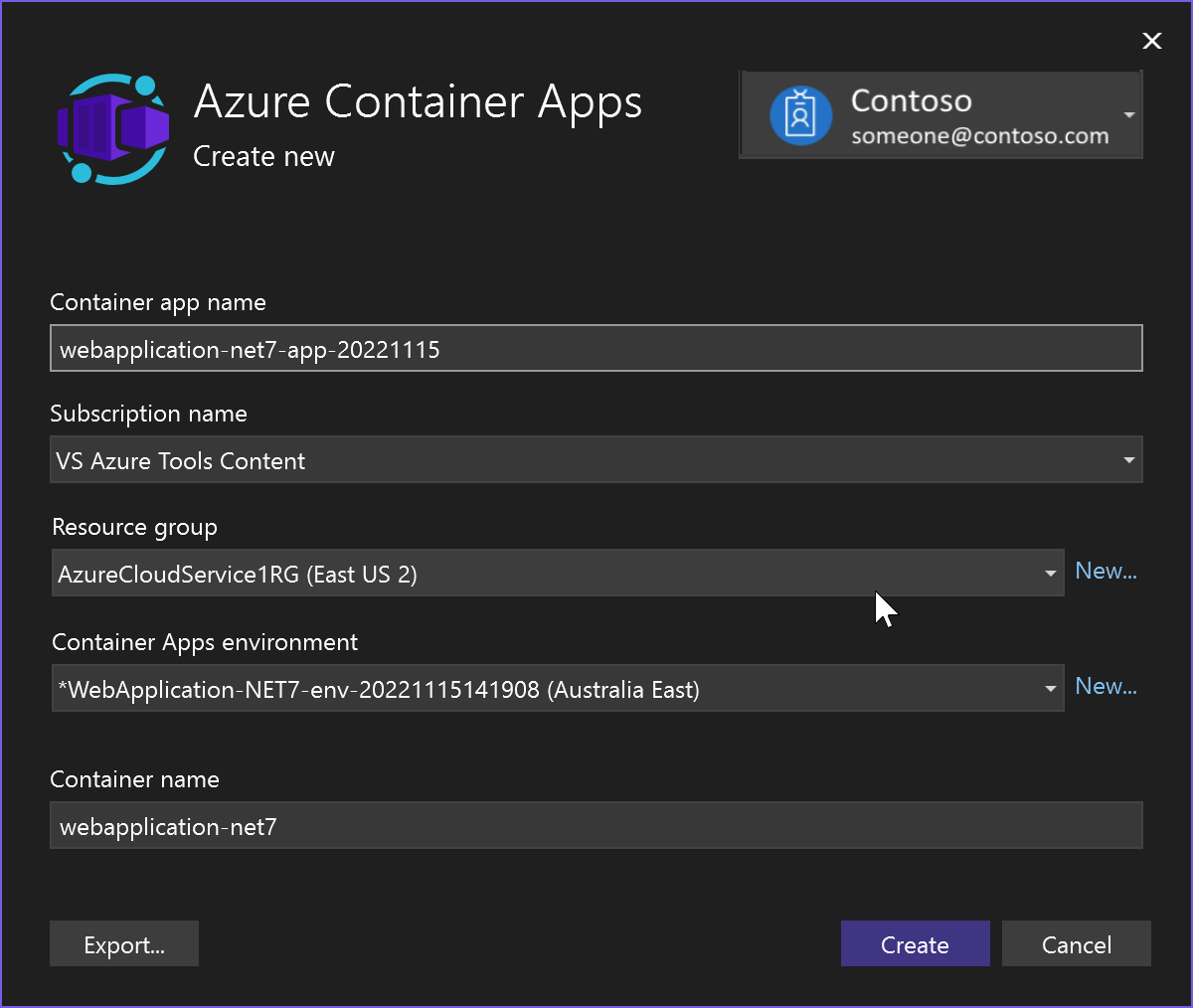 Screenshot che mostra la creazione di una nuova app Azure Container.