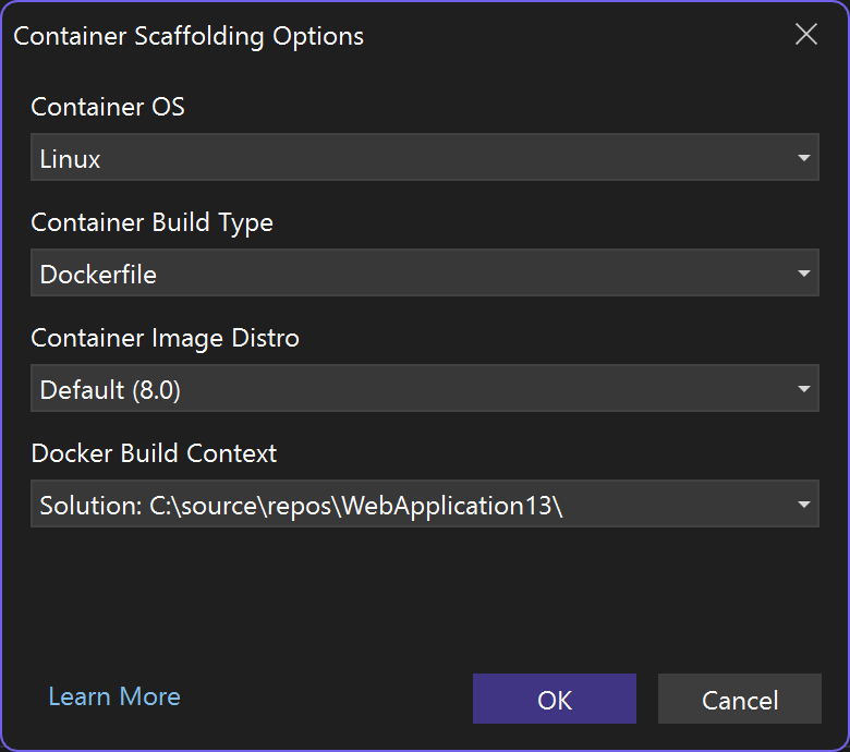 Screenshot che mostra la finestra di dialogo Opzioni di scaffolding del contenitore per l'aggiunta del supporto dei contenitori.