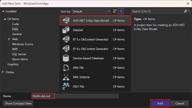 Nuovo elemento di progetto del modello Entity Framework