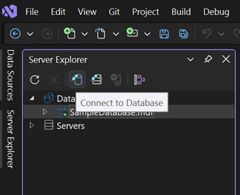 Screenshot che mostra l'icona Connetti a Database in Esplora Server.
