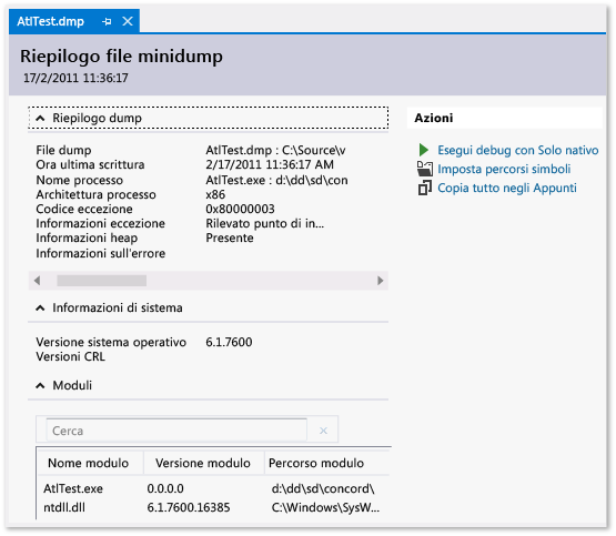 Screenshot che mostra la pagina di riepilogo minidump.