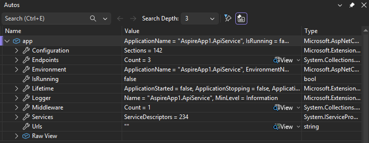 Screenshot che mostra come esaminare la finestra Auto in Visual Studio.