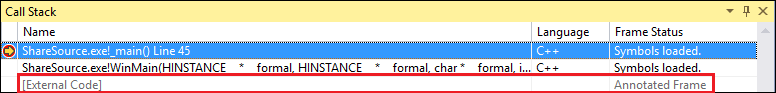 Screenshot del codice esterno nella finestra Stack di chiamate.