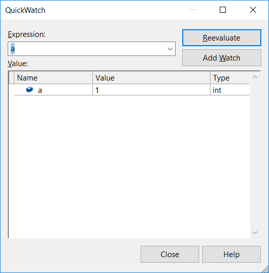 QuickWatch variable Screenshot of QuickWatch variable.