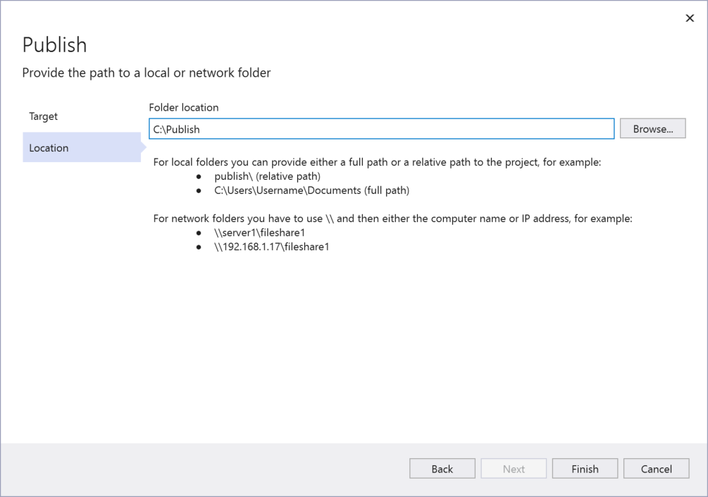 Screenshot della finestra di dialogo Seleziona destinazione di pubblicazione in Visual Studio con la cartella 'C:\Publish' selezionata come destinazione di pubblicazione.
