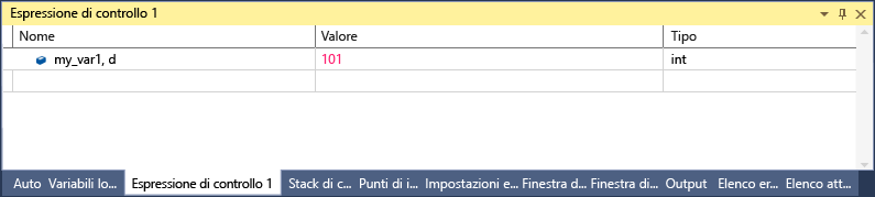 Screenshot of the Visual Studio Watch window with one line that shows my_var1, d with a value of 101 and a type of int.