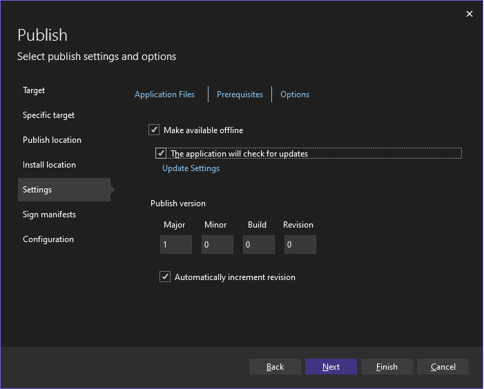 Choose the publish settings Specify the publish settings