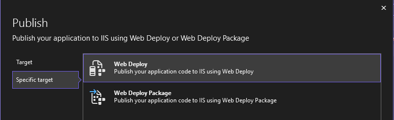 Screenshot che mostra l'opzione di pubblicazione in IIS, che mostra la scelta della modalità di distribuzione.