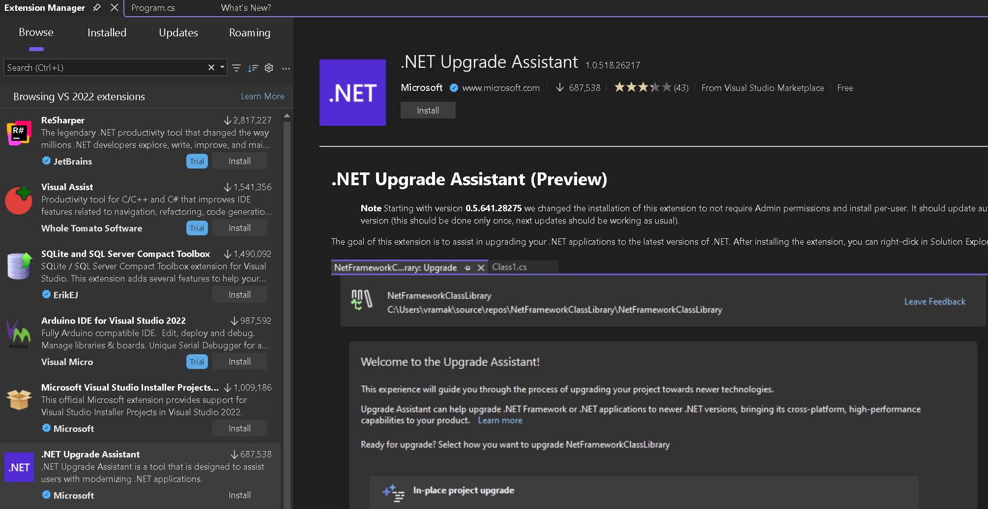 Screenshot di Gestione estensioni di Visual Studio.