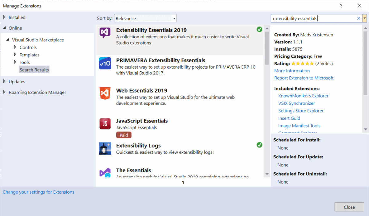 Installare Extensibility Essentials dalla finestra di dialogo Gestione estensioni.