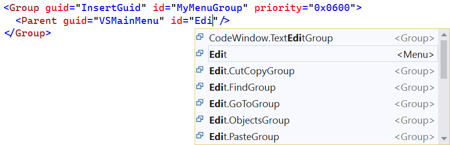 IntelliSense padre VSCT.