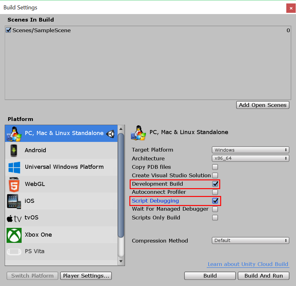 Screenshot of the Unity build settings for debugging.