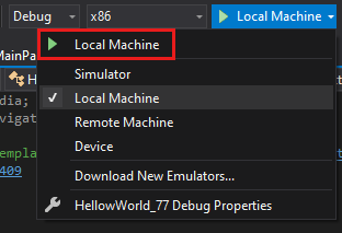 Screenshot showing the drop-down box open next to the Play button with 'Local Machine' selected.