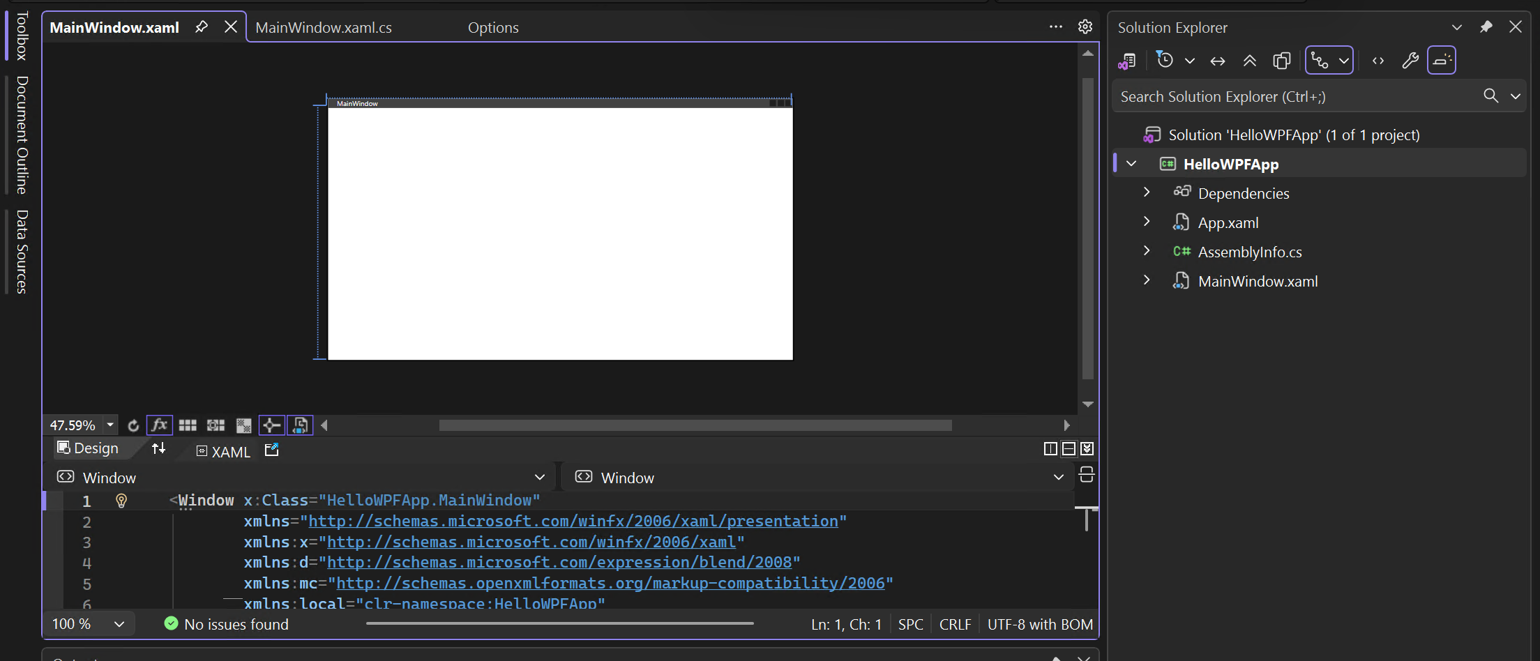 screenshot del progetto e della soluzione in Esplora soluzioni e le visualizzazioni XAML e progettazione di 