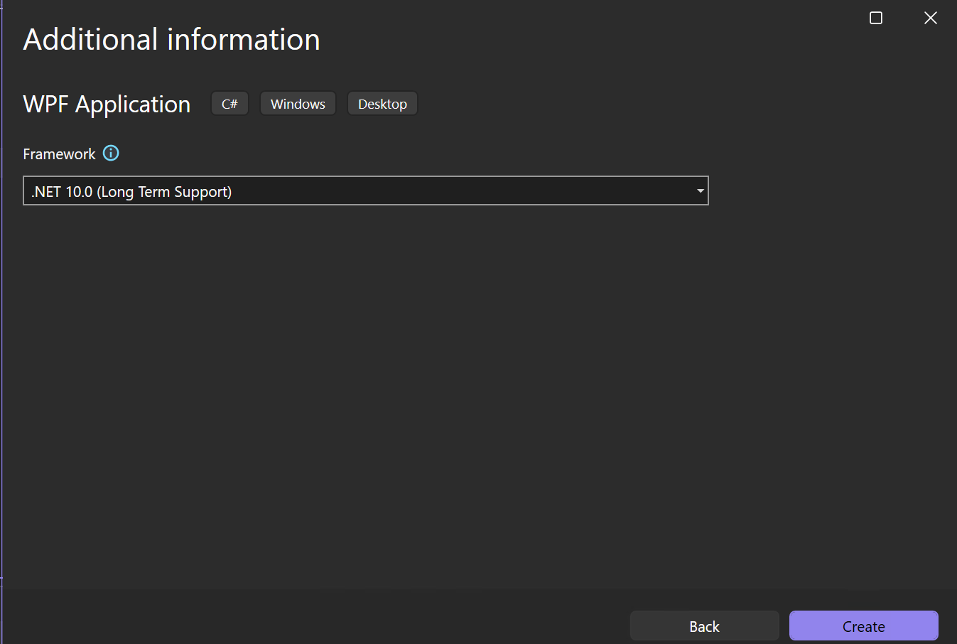 Screenshot che mostra la finestra Informazioni aggiuntive con .NET 10.0 selezionato come framework di destinazione per il nuovo progetto.