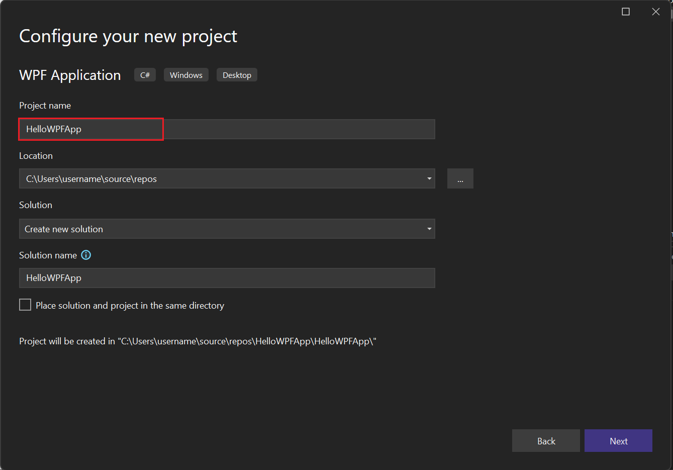 Screenshot that shows the 'Configure your new project' dialog in Visual Studio with 'HelloWPFApp' entered in the Project name field.