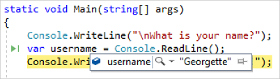 Screenshot che mostra un valore di variabile durante il debug in Visual Studio.