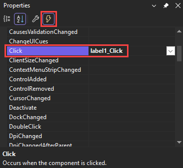 Schermata della finestra Proprietà che mostra l'evento Click in Visual Studio.