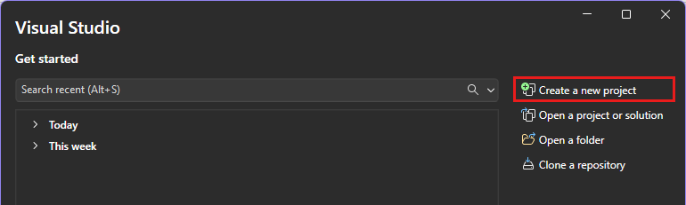 Screenshot del menu Start di Visual Studio con Crea un nuovo progetto selezionato.