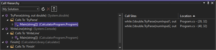 Screenshot che mostra la finestra Gerarchia di chiamate.