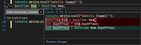 Screenshot che mostra il suggerimento della variabile temporanea Inline in Visual Studio.
