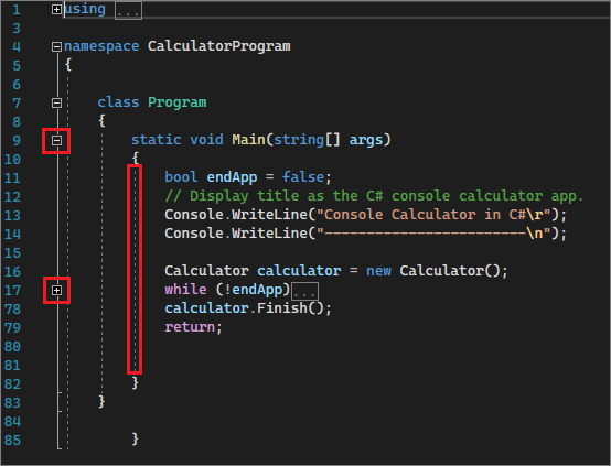 Screenshot che mostra l'IDE di Visual Studio con caselle rosse.
