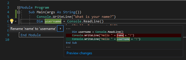 Screenshot che mostra l'azione Rinomina in Visual Studio.