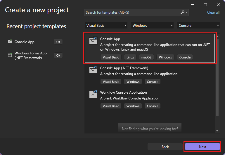 Screenshot che mostra la finestra Crea un nuovo progetto con 