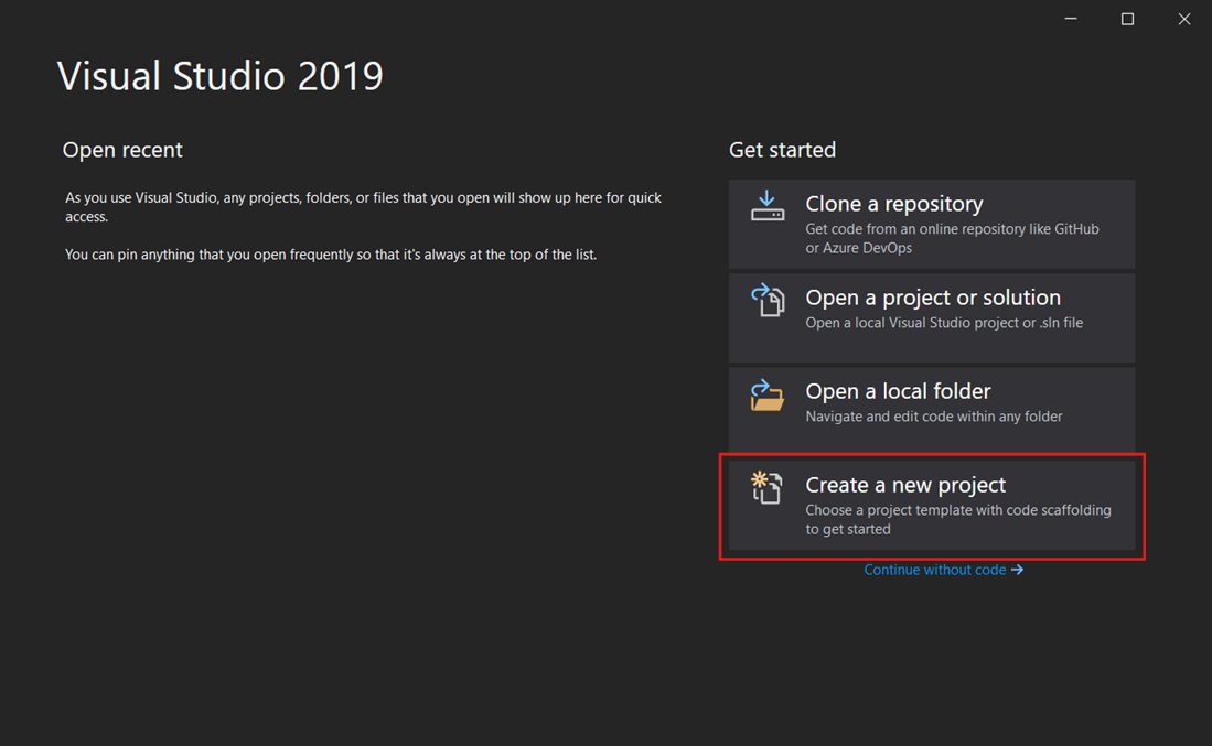 Screenshot che mostra la finestra iniziale di Visual Studio con l'opzione 