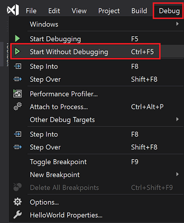 Screenshot che mostra Debug > Start senza eseguire il debug.