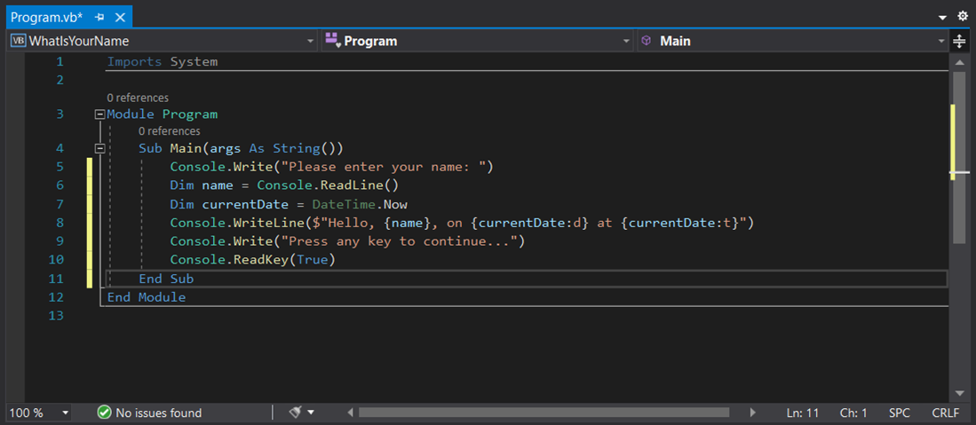 Screenshot che mostra il codice per il file 'Program.vb' nel progetto 'WhatIsYourName' caricato nell'editor di codice di Visual Basic.