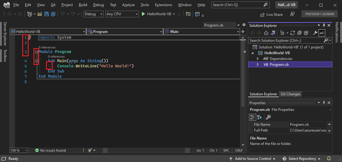 Screenshot che mostra le caselle rosse di Visual Studio I D E.