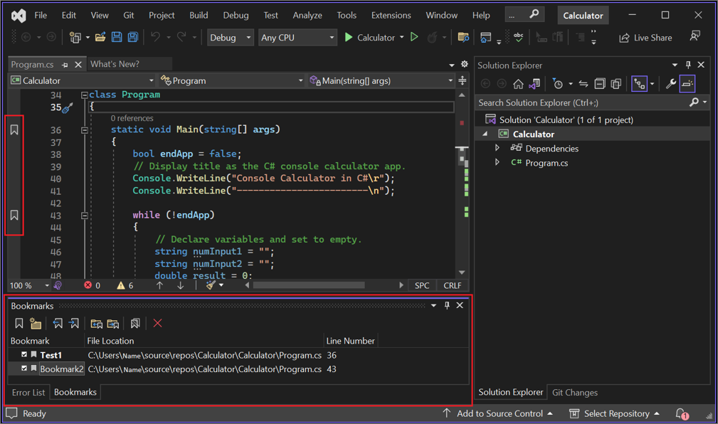 Screenshot della finestra Segnalibri in Visual Studio con segnalibri aggiunti.