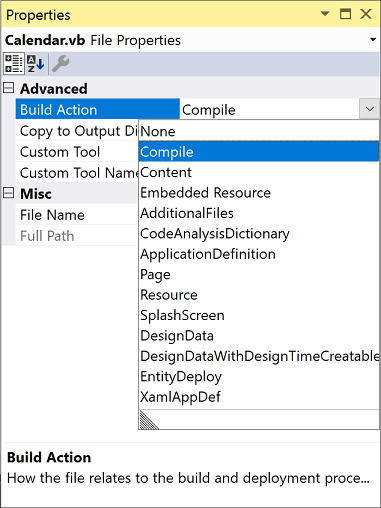 Azioni di compilazione per file in Visual Studio