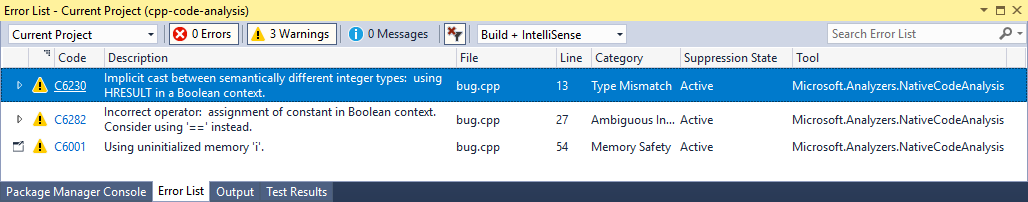 Screenshot dell'elenco errori di Visual Studio con avvisi.