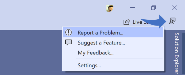 Screenshot che mostra l'icona del feedback selezionata nell'angolo superiore destro della finestra di Visual Studio e Segnala un problema selezionato nel menu di scelta rapida.